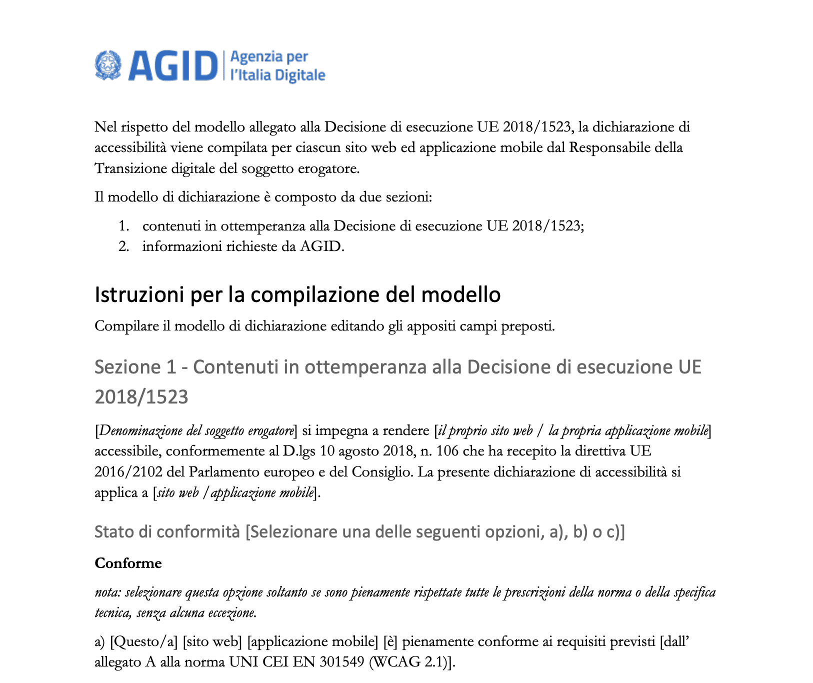 Modello strutturato per la compilazione della dichiarazione di accessibilità secondo AGID